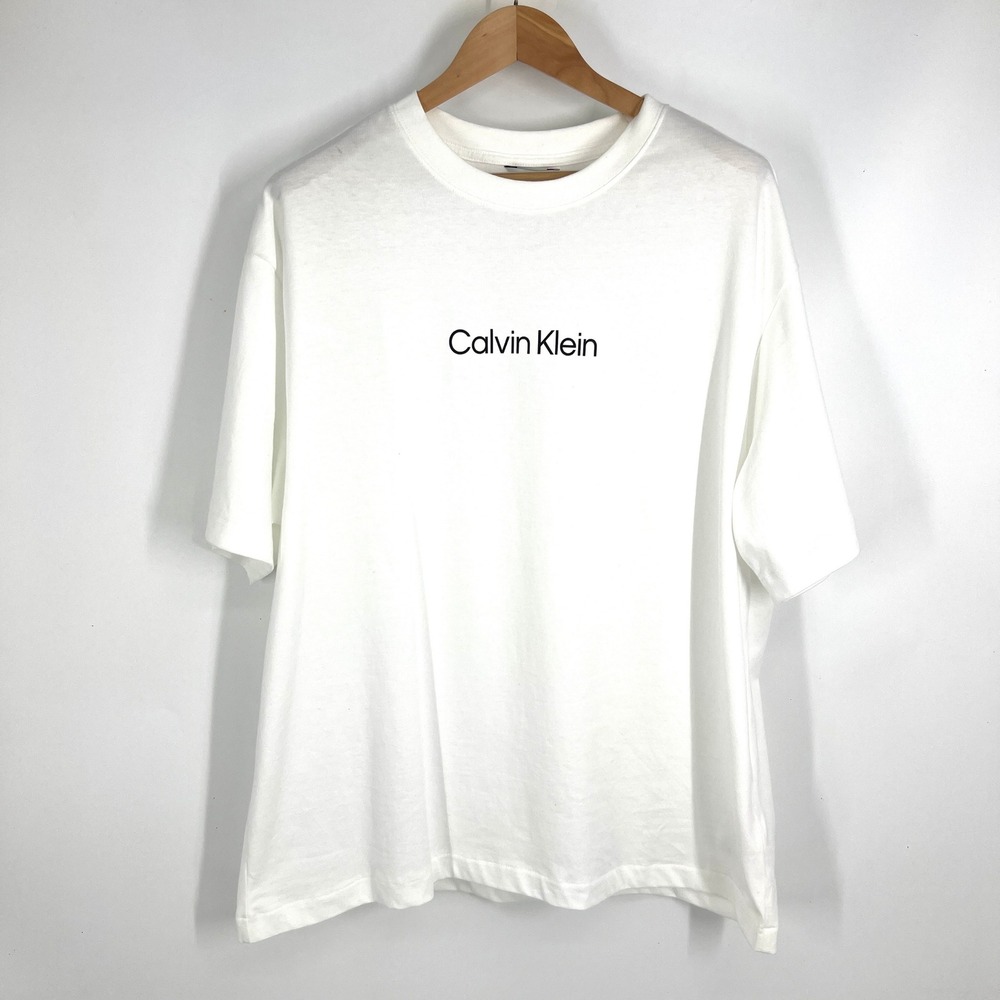 Calvin Klein Mens Logo T-Shirt Bright White Cotton Crew Large Oversized Boxy